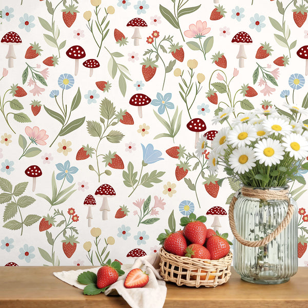 VEELIKE Meadows Mushroom Strawberry Peel and Stick Wallpaper