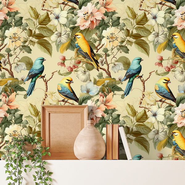 VEELIKE Yellow Chinoiserie Bird Floral Wallpaper