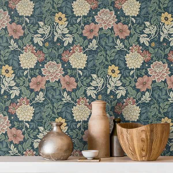 VEELIKE Retro Anemones Blue Floral Wallpaper