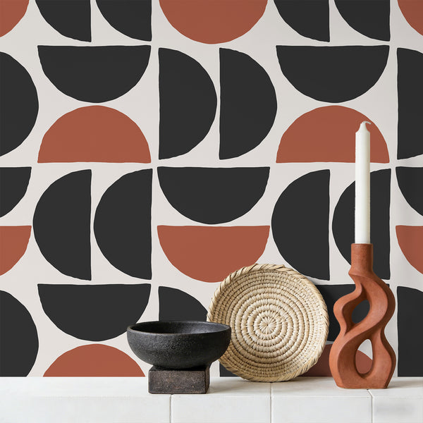 VEELIKE Boho Terracotta & Charcoal Semicircle Geometric Wallpaper