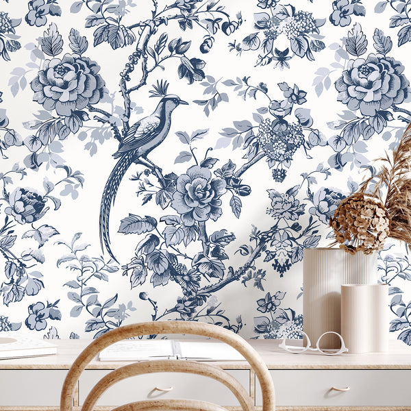 VEELIKE Chinoiserie Bired Blue Toile Wallpaper