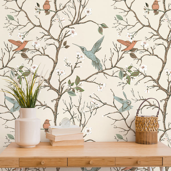 VEELIKE Ivory Cream Vintage Branches Bird Wallpaper