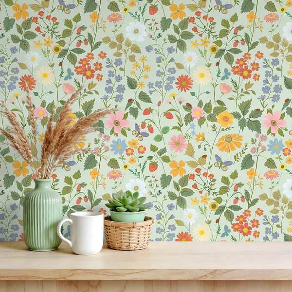 VEELIKE Green Meadow Floral Peel and Stick Wallpaper