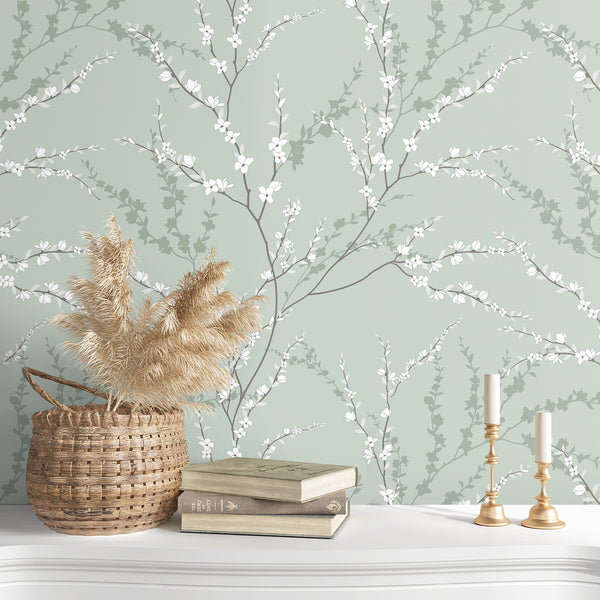 VEELIKE Vintage Green Branch Flower Wallpaper