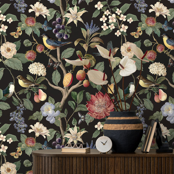 VEELIKE Vintage Black Fruits and Birds Wallpaper