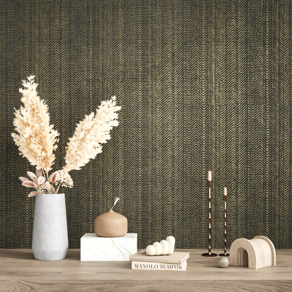 VEELIKE Black Gold Grasscloth Wallpaper