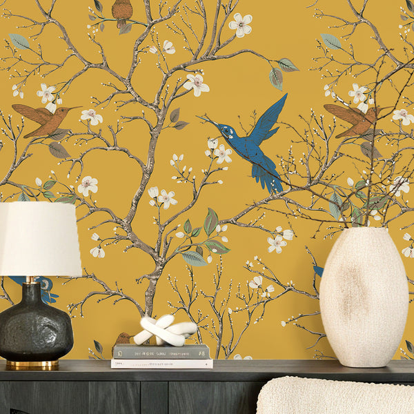 VEELIKE Mustard Yellow Chinoiserie Bird Wallpaper