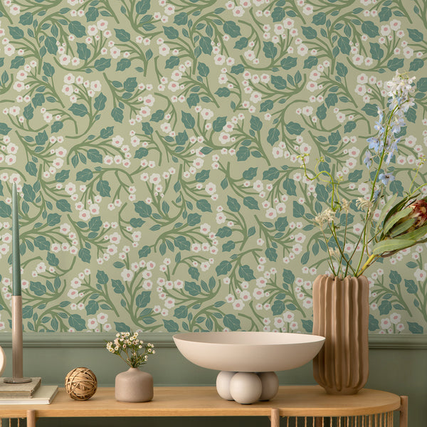 VEELIKE Vintage Green Tiny Floral Wallpaper