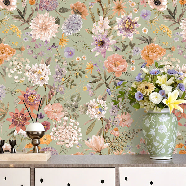 VEELIKE Sage Green Cottagecore Floral Wallpaper