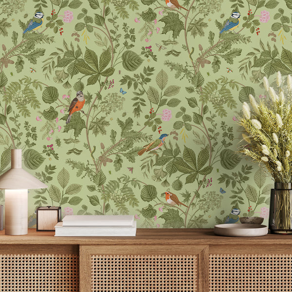 VEELIKE Vintage Green Bird Chinoiserie Wallpaper