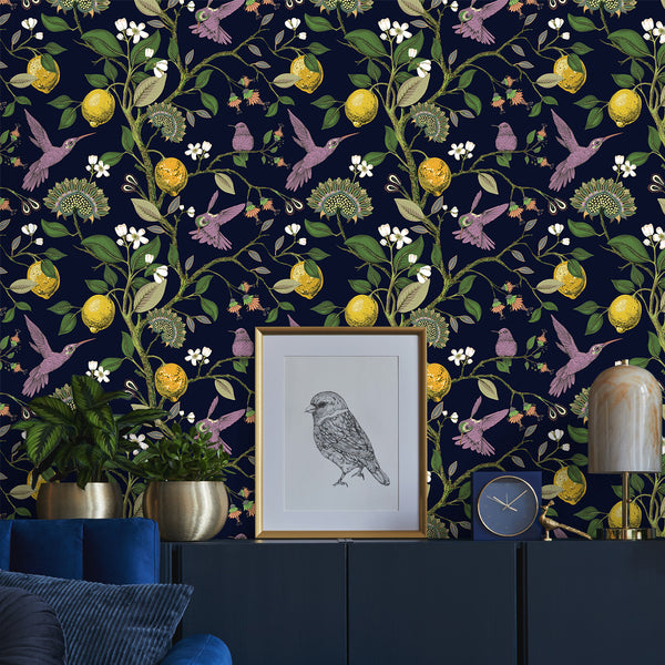 VEELIKE Navy Blue Lemon Tree Wallpaper