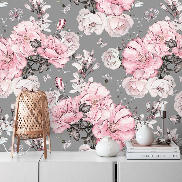 VEELIKE Grey Pink Rose Floral Wallpaper