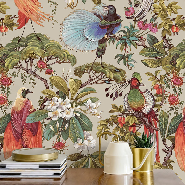 VEELIKE Chinoiserie Taupe Tropical Wallpaper with Exotic Birds