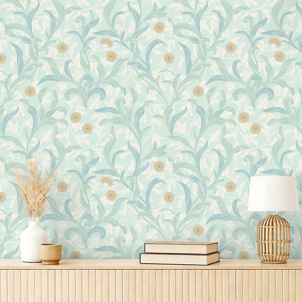 VEELIKE Soft Blue Floral Wallpaper