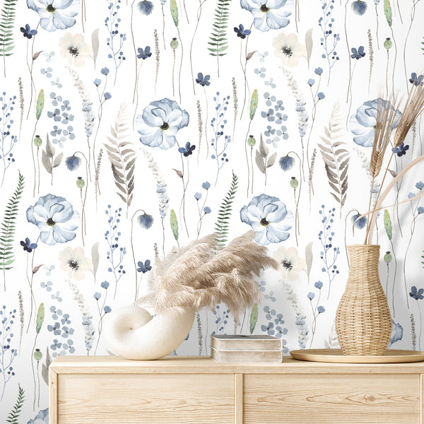 VEELIKE Watercolor Blue Floral Wallpaper