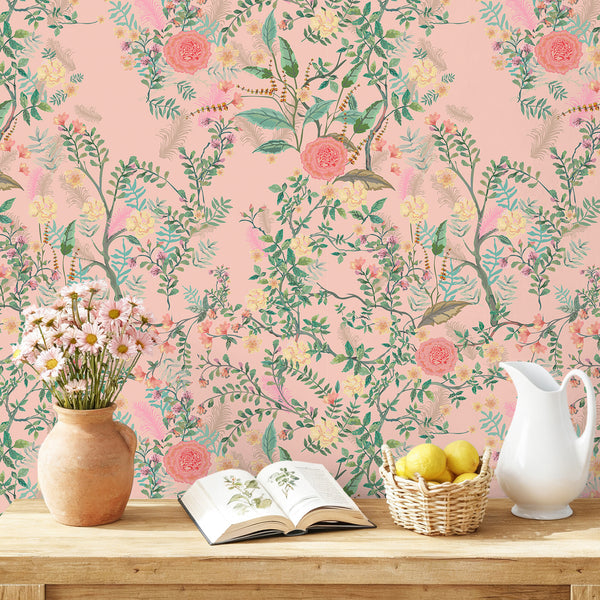 VEELIKE Peach Pink Chinoiserie Floral Wallpaper