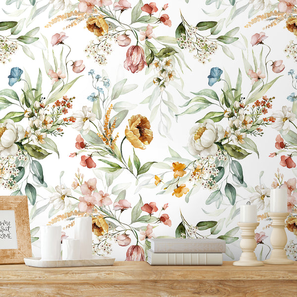 VEELIKE Vintage Watercolor Floral Peel and Stick Wallpaper