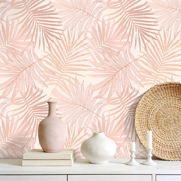 VEELIKE Pink Palm Leaf Peel and Stick Wallpaper