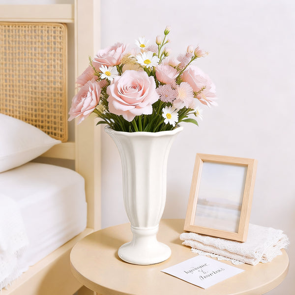 GarDream White Fluted Ceramic Vase, 10 Inch Tall