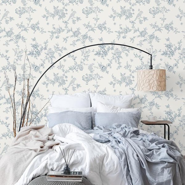 VEELIKE Cottage Birds Blue Toile Floral Wallpaper