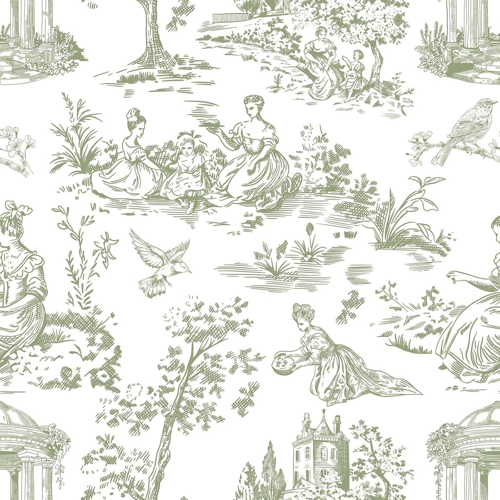 VEELIKE French Countryside Green Toile Wallpaper