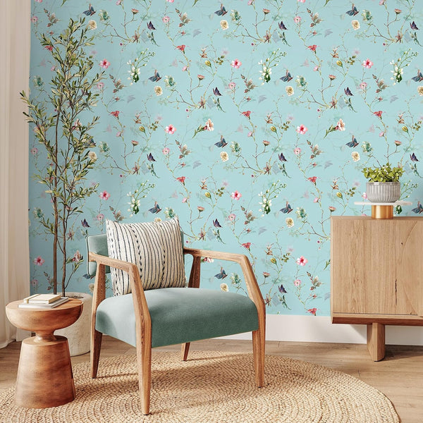 VEELIKE Light Blue Chinoiserie Butterflies Wallpaper