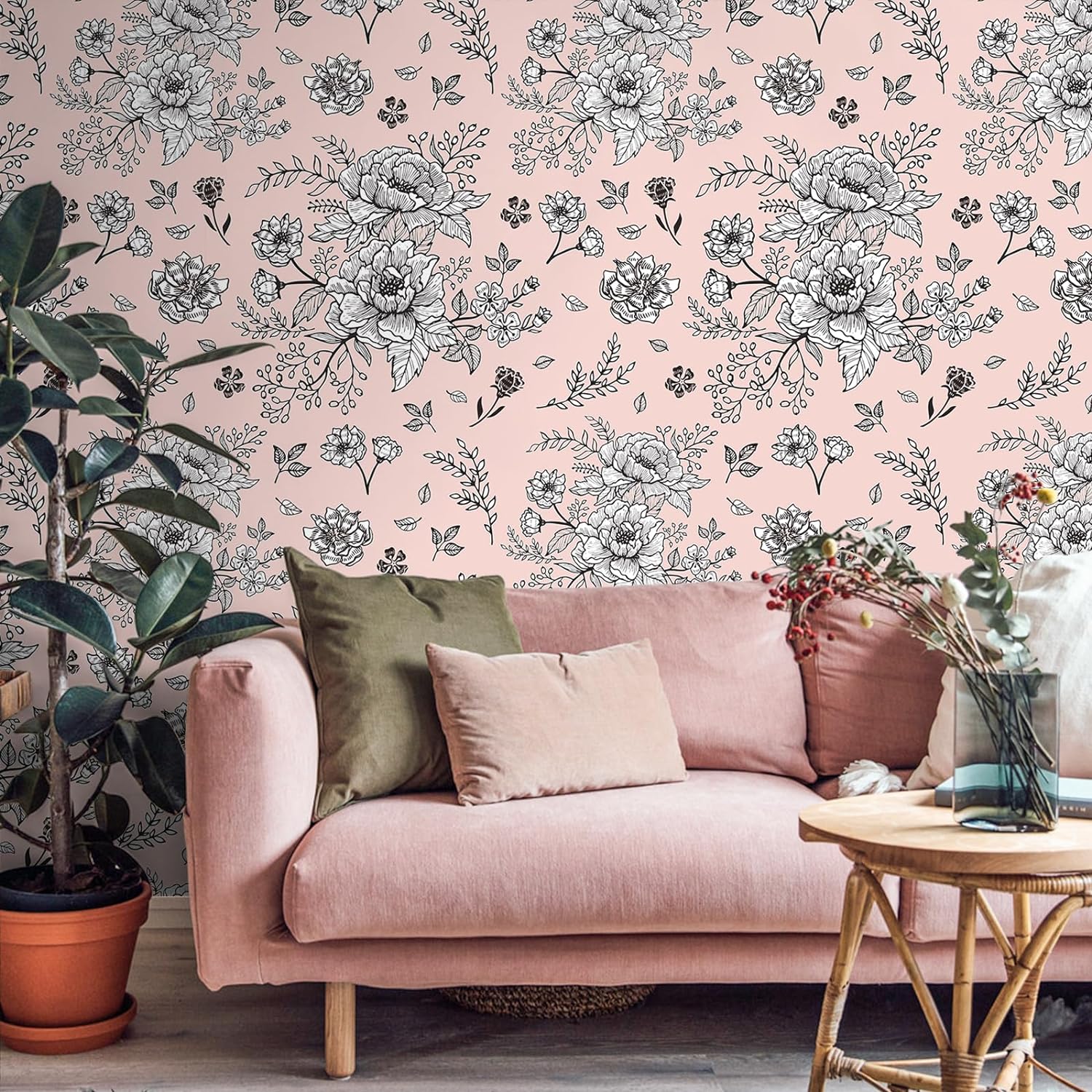 VEELIKE Stencil Pink Floral Wallpaper – Veelike