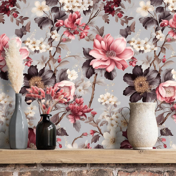 VEELIKE Grey Red Dainty Floral Wallpaper