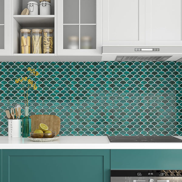 VEELIKE Green Marble Fish Scale Backsplash Tile