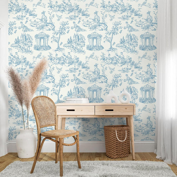 VEELIKE French Countryside Blue Toile Wallpaper