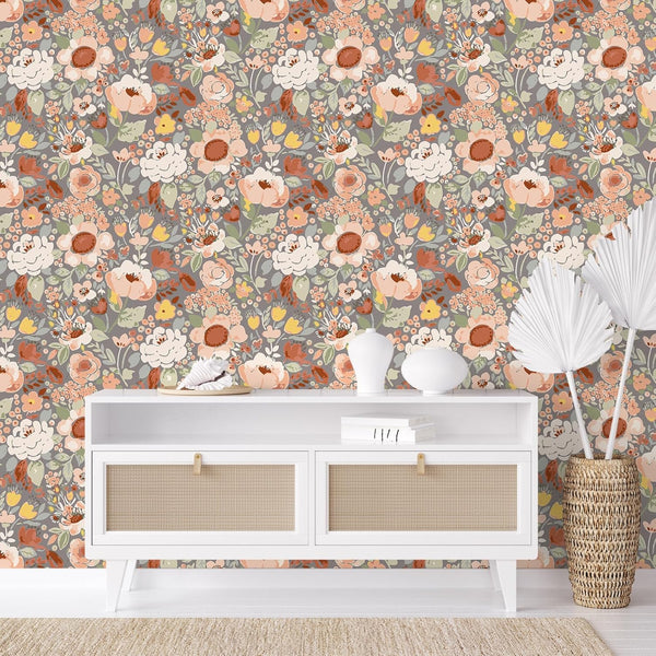 VEELIKE Watercolor Grey Peach Floral Wallpaper