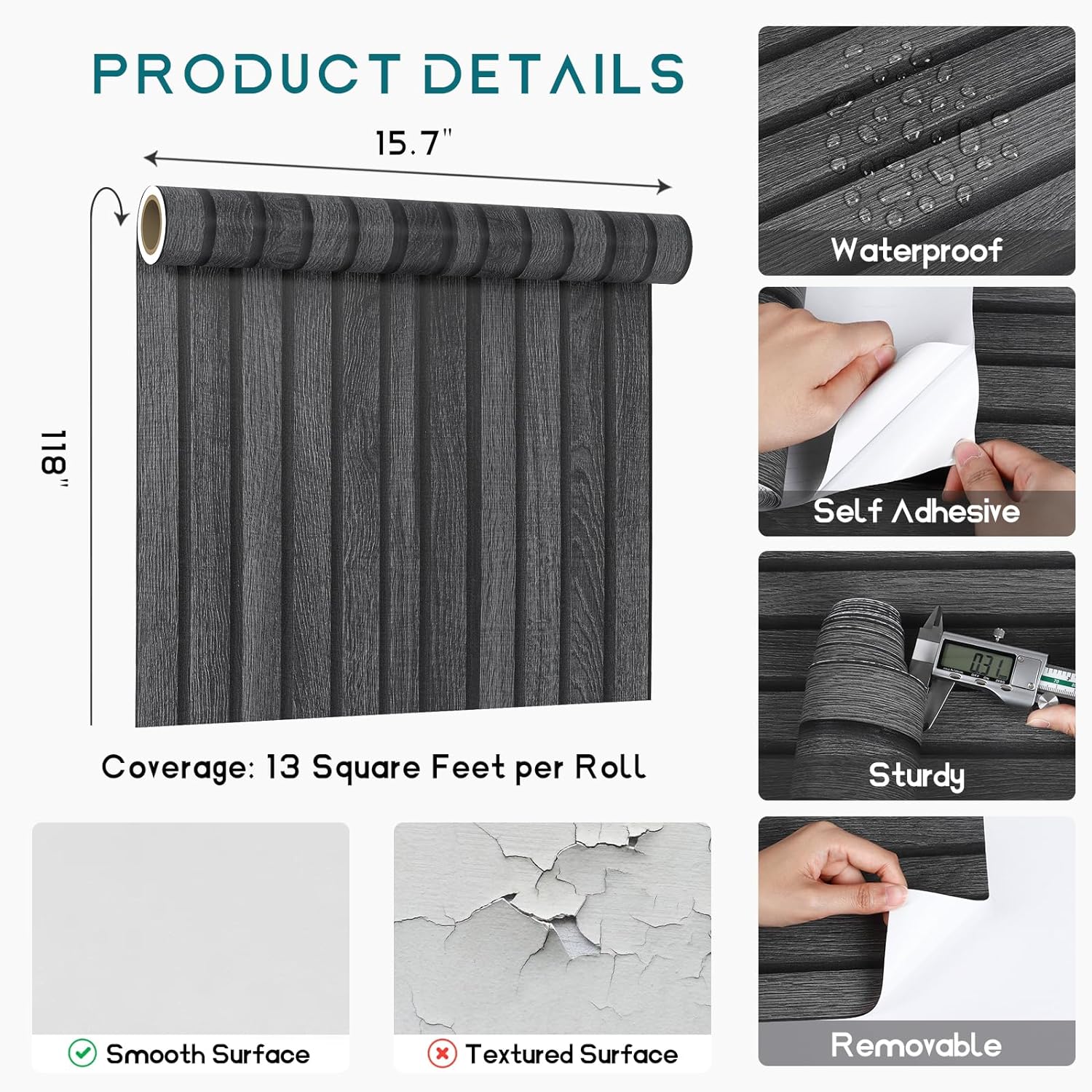VEELIKE Charcoal Black Wooden Slat Wallpaper Veelike