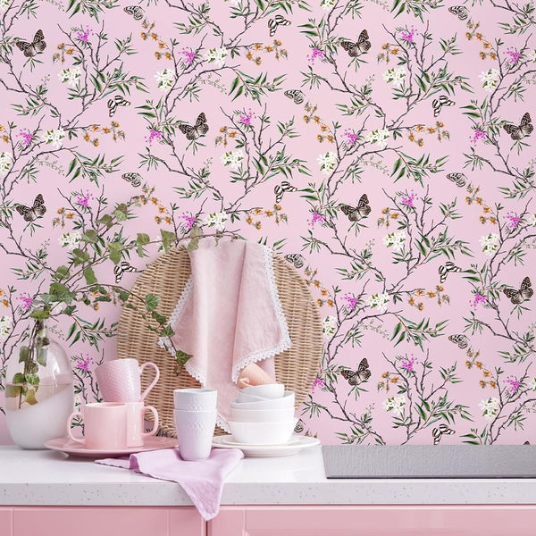 VEELIKE Pink Floral Peel and Stick Wallpaper