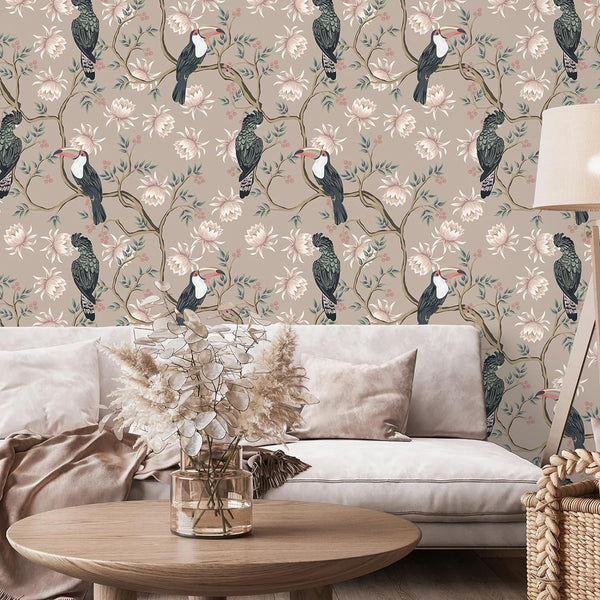 VEELIKE Dusty Pink Birds Floral Wallpaper