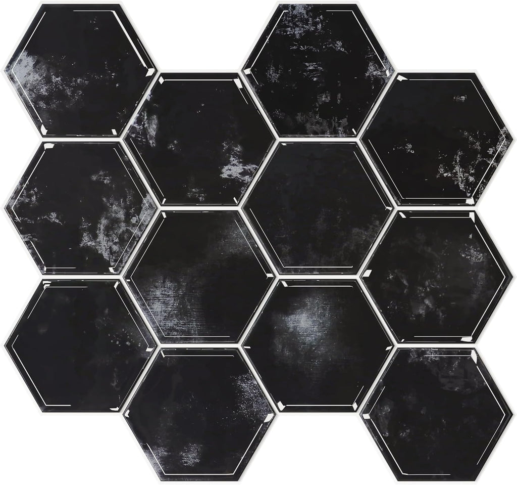 VEELIKE Distressed Black Hexagon Peel and Stick Backsplash Tile