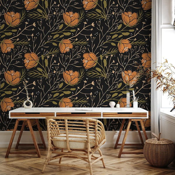 VEELIKE Boho Orange Floral Wallpaper