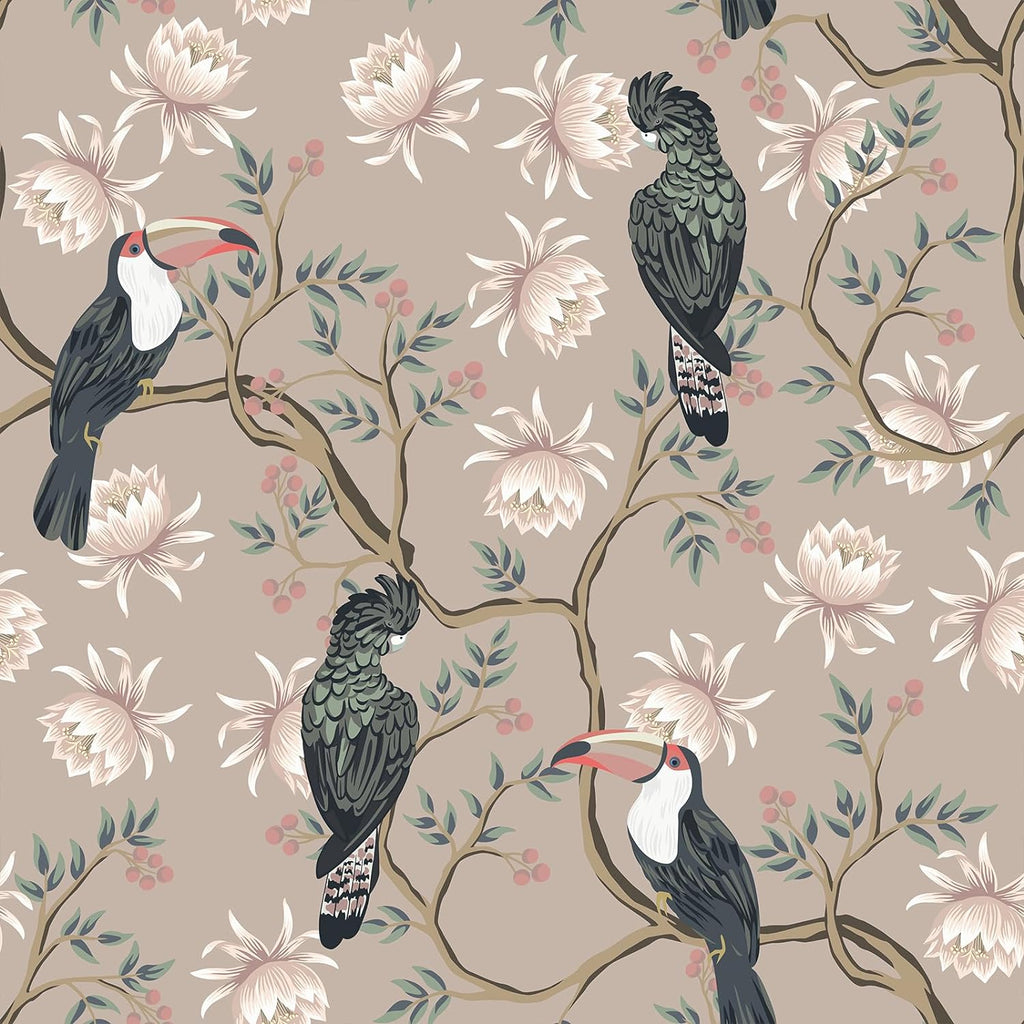 VEELIKE Dusty Pink Birds Floral Wallpaper