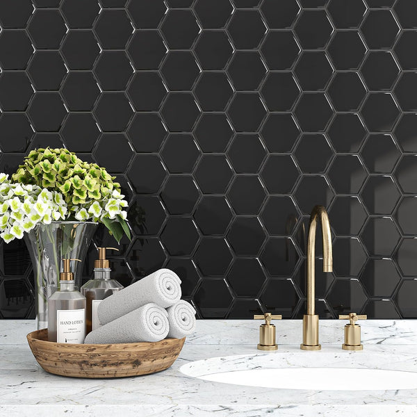 VEELIKE Black Hexagon Peel and Stick Backsplash Tile