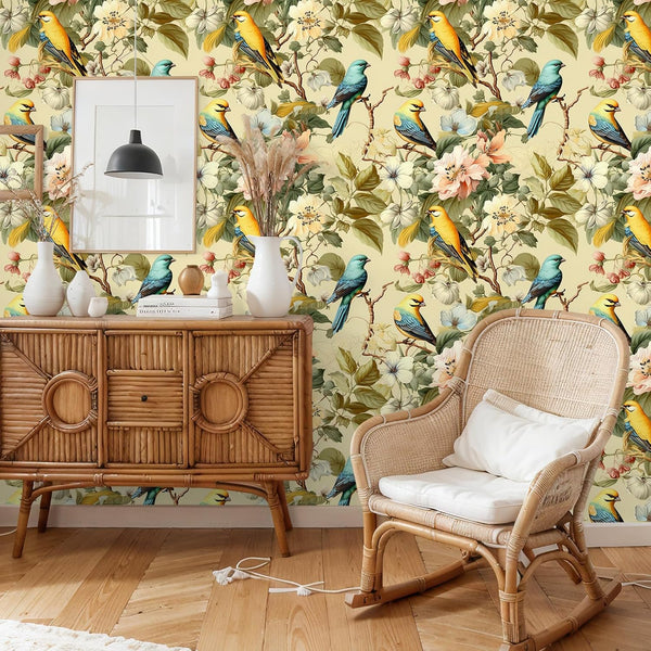 VEELIKE Chinoiserie Bird Yellow Floral Wallpaper