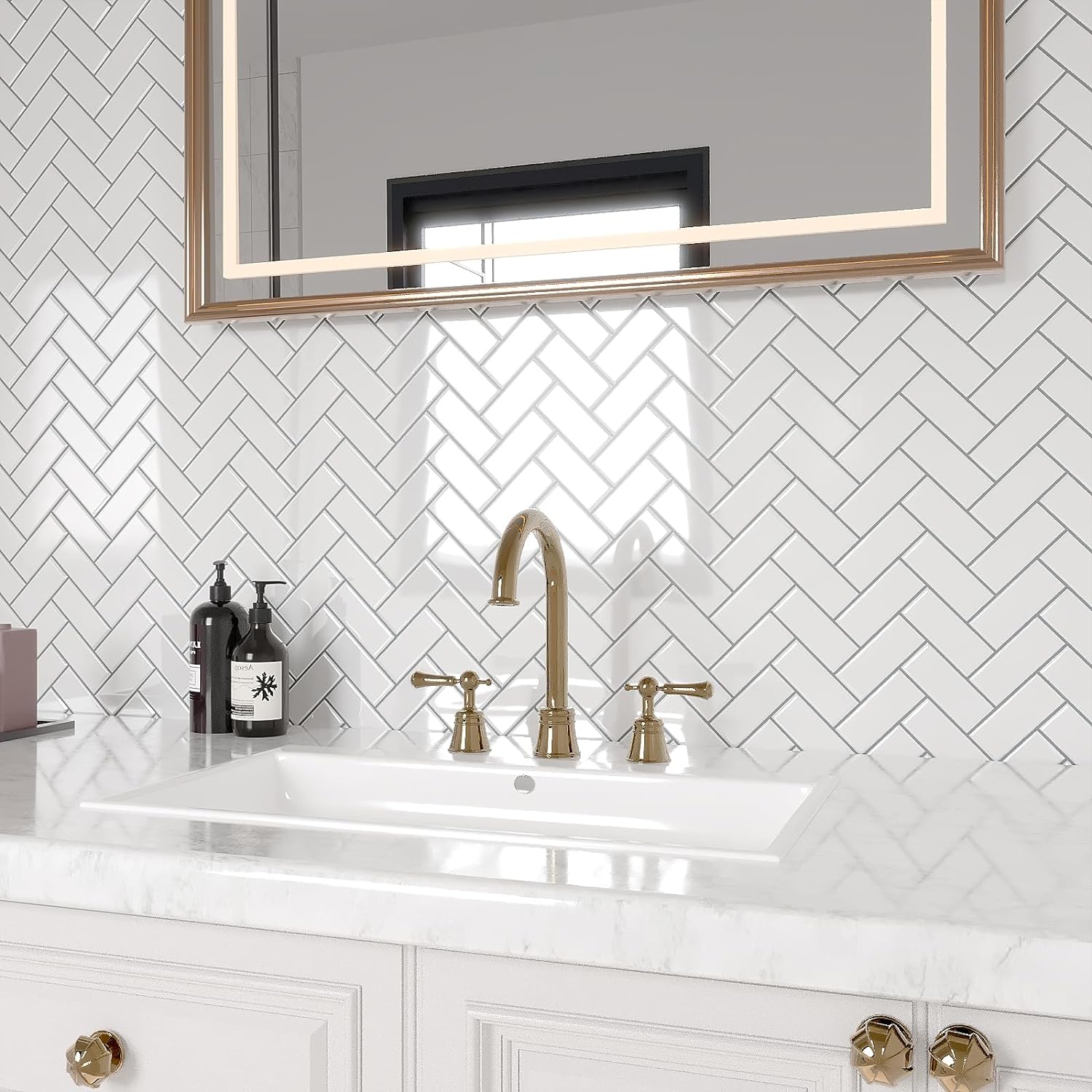 VEELIKE White Herringbone Peel and Stick Backsplash Tile - Veelike