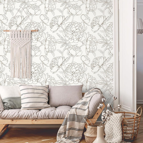 VEELIKE Beige Peonies Sketch Floral Wallpaper