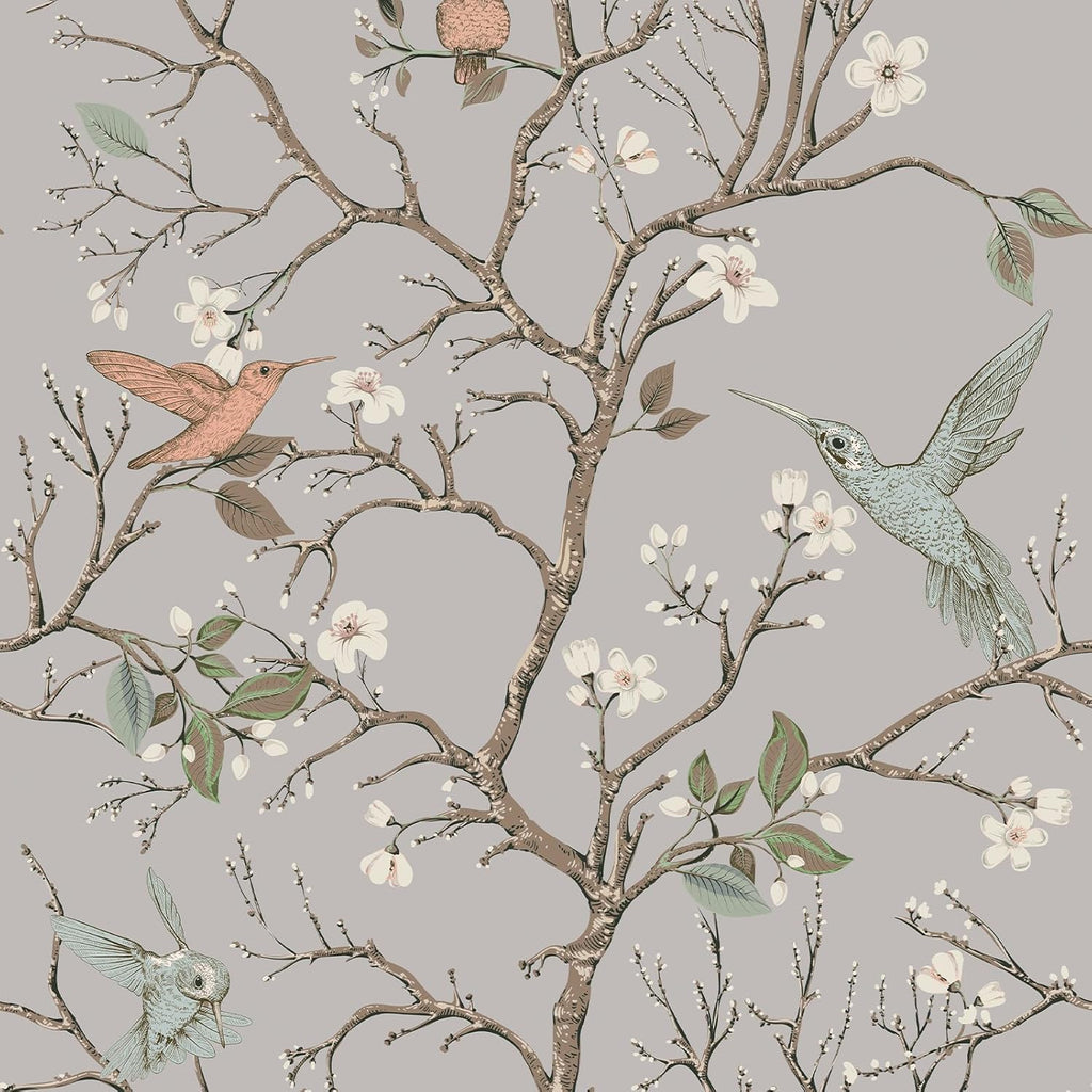 VEELIKE Grey Bird Floral Wallpaper