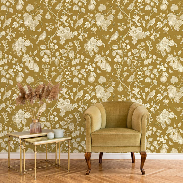 VEELIKE Yellow Antique Bird Wallpaper