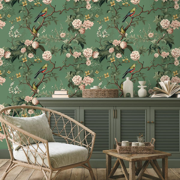 VEELIKE Vintage Green Bird Floral Wallpaper