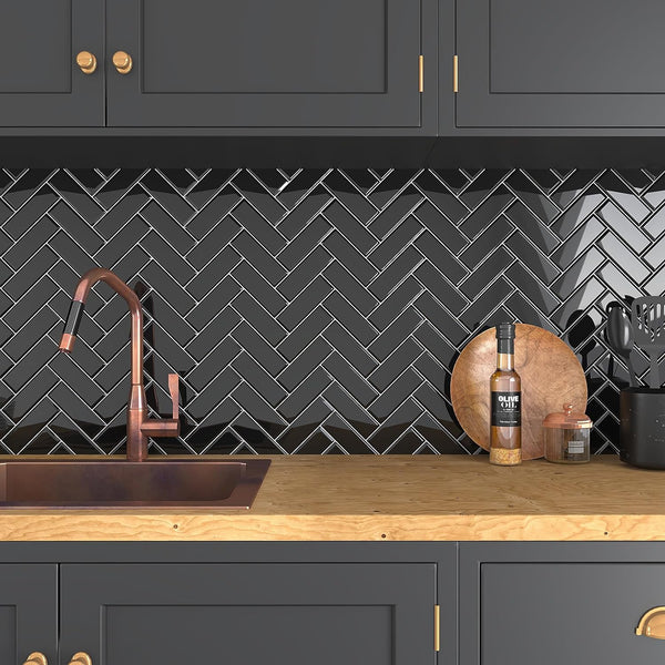 VEELIKE Black Herringbone Peel and Stick Backsplash Tile