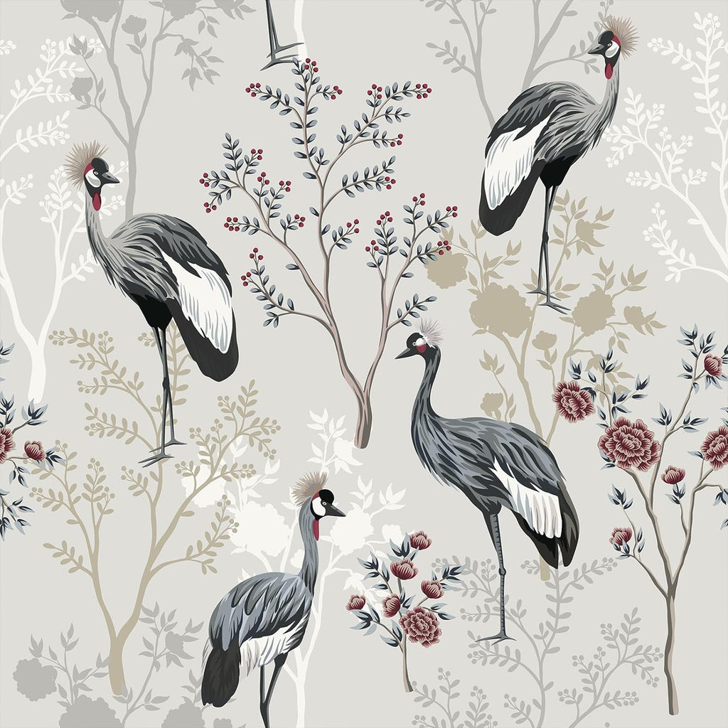 VEELIKE Grey Crane Bird Chinoiserie Wallpaper