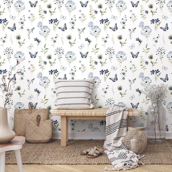 VEELIKE Watercolor Blue Butterflies Flower Wallpaper
