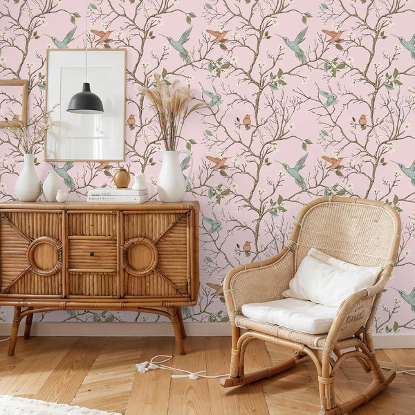 VEELIKE Pink Cherry Blossom Bird Floral Wallpaper