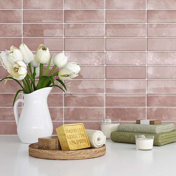 VEELIKE Pink Straight Linear Peel and Stick Backsplash Tile