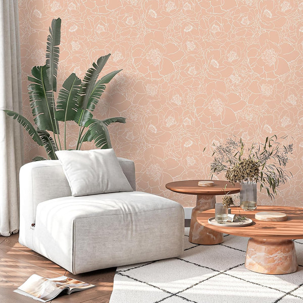 VEELIKE Peach Sketch Peonies Wallpaper